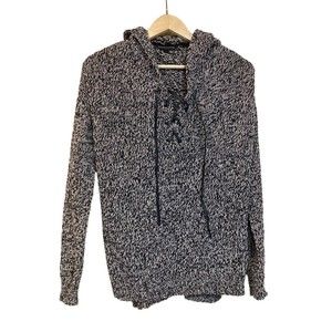 Rock & Republic Pull Over Hoodie cable knit sweater Small Black Gray